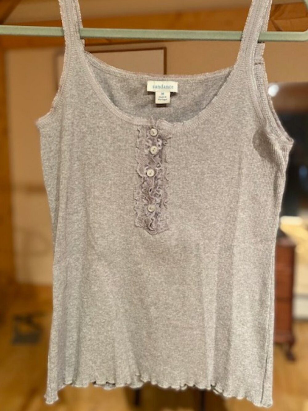 Sundance Gray Ribbed Henley Ruffled Tank Top Sz M excellent clean ready to wear